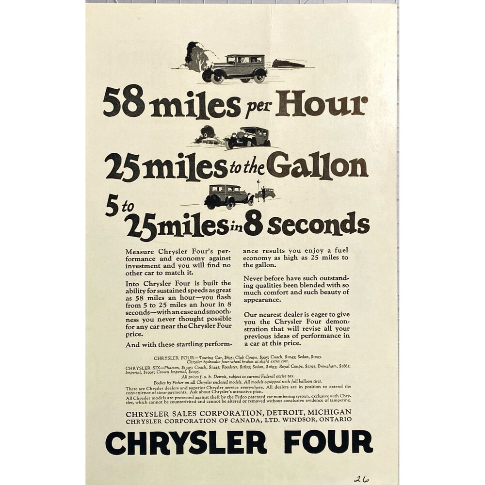 Chrysler Four Touring Car "Performance and Economy" Vintage Print Ad 1926